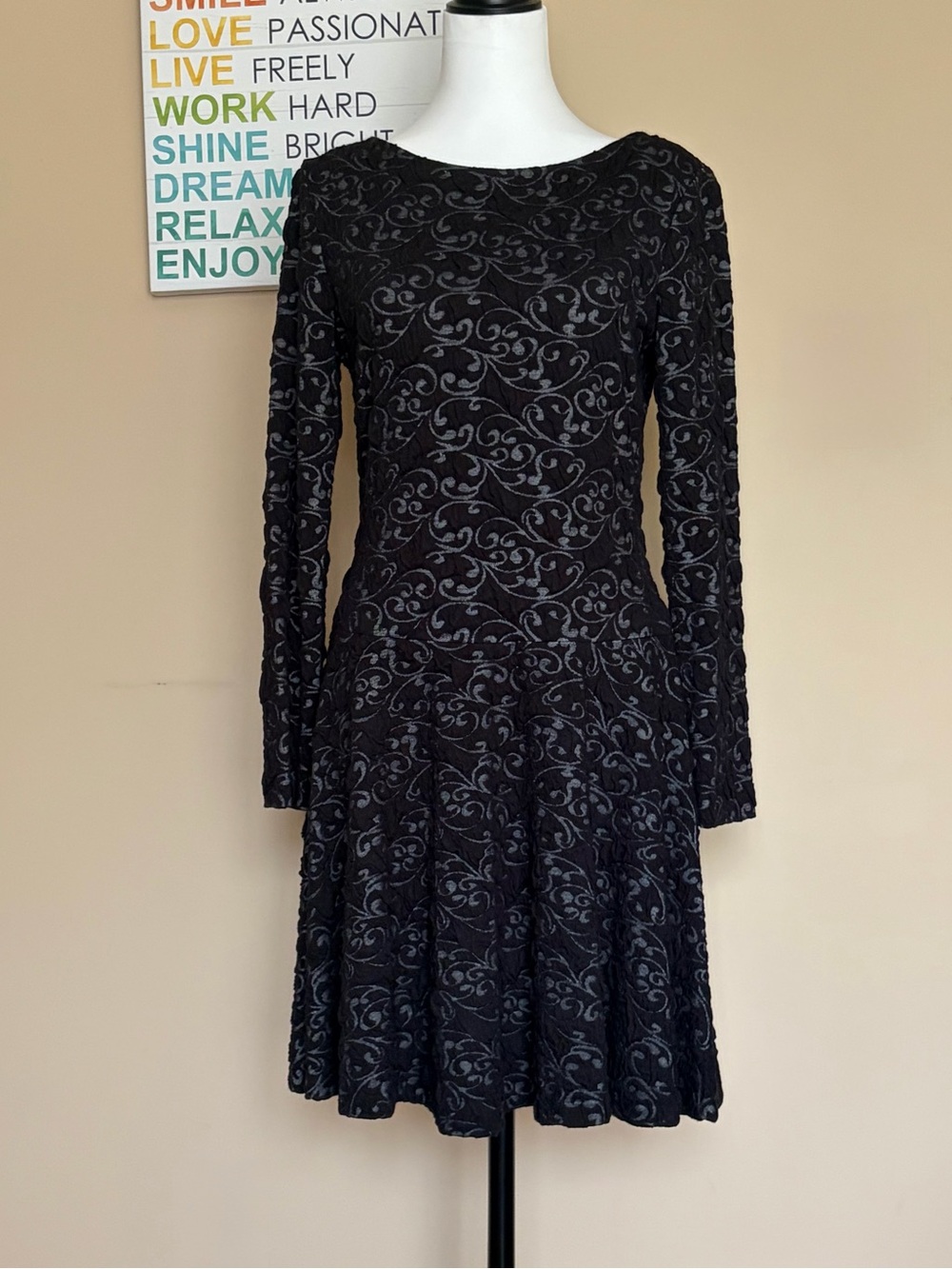 Black Long-Sleeve Fit & Flare Dress with Scroll Jacquard